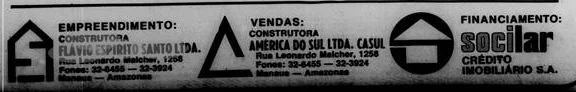 Rodapé do anúncio de 1975, com o logotipo da Construtora Flávio Espírito Santo: uma casa com as iniciais dentro.