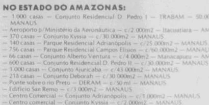 Trecho do anúncio de 1980 com a relação das obras da construtora no Amazonas.